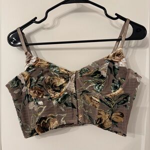 Windsor Floral Velvet Cropped Bustier Top - Taupe Green Gold